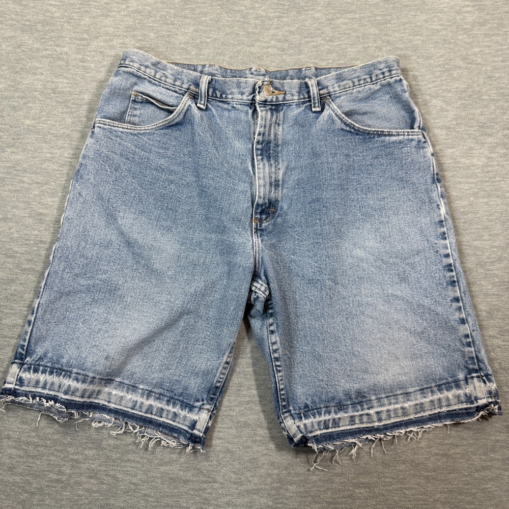 Wrangler Shorts Men 36 Blue Denim Cut‎ Off Raw Hem 90s Y2K Style USA Fabric